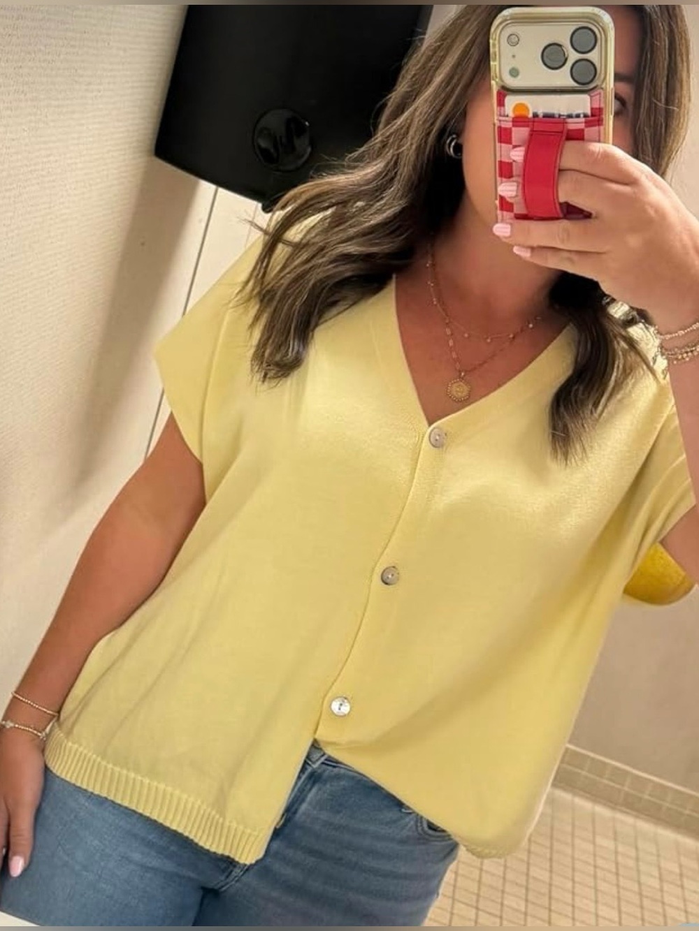 Saodimallsu Fall Short Sleeve Yellow Button
Cardigan Sweater Oversized Top
